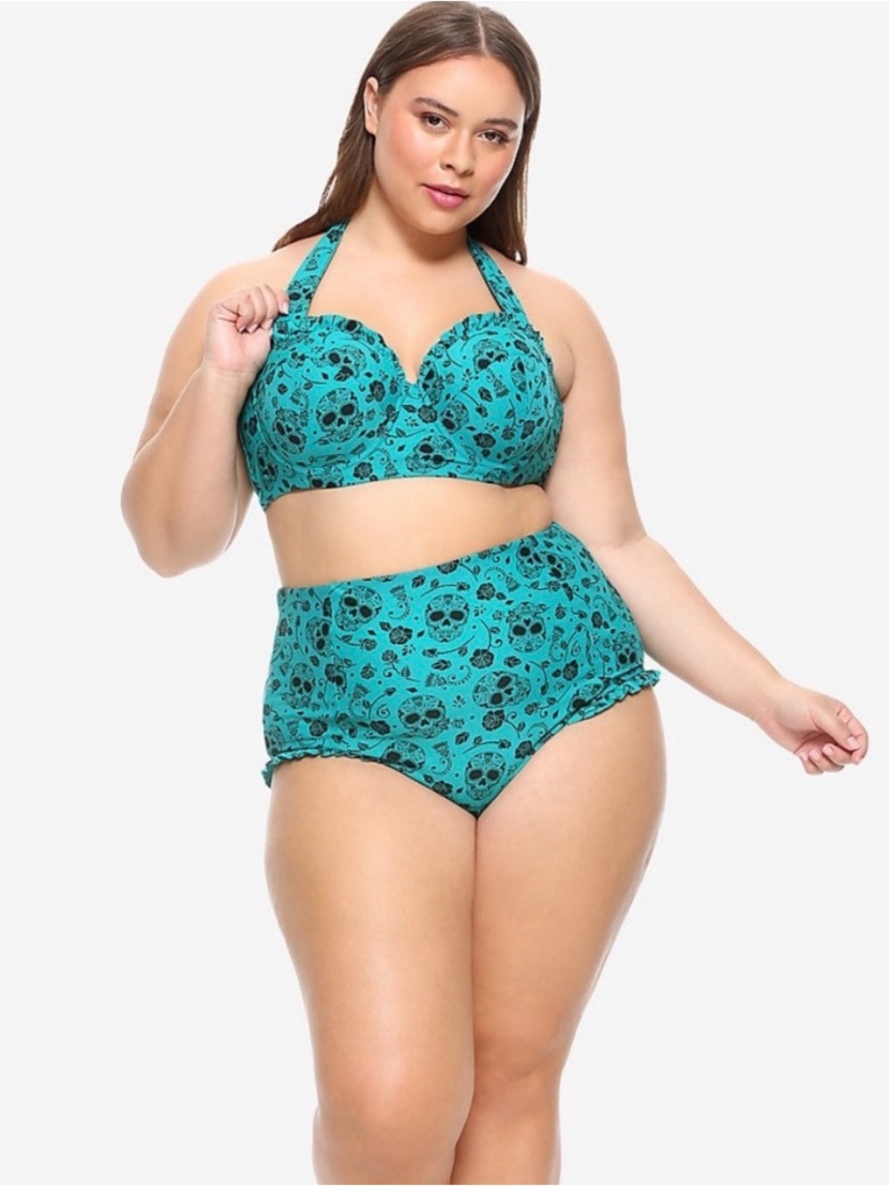 Retro Teal High-Waist Bikini Set with Black Skull Print